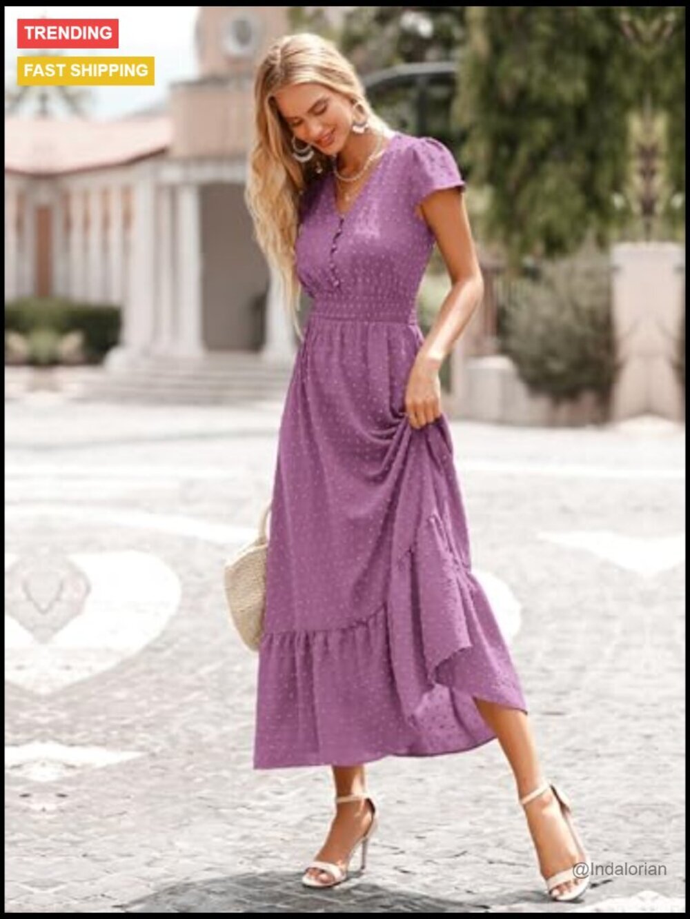 Swiss Dot Maxi Dress with Smocked Waist and Ruffle Hem - Picture 4 of 7